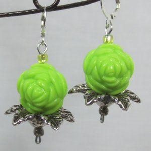 Handcrafted Pierced Earrings Chunky Green Roses Silver Leaves Dangle Statement